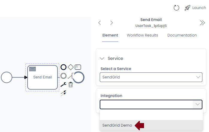 Email send task in workflow showing the new integration being picked